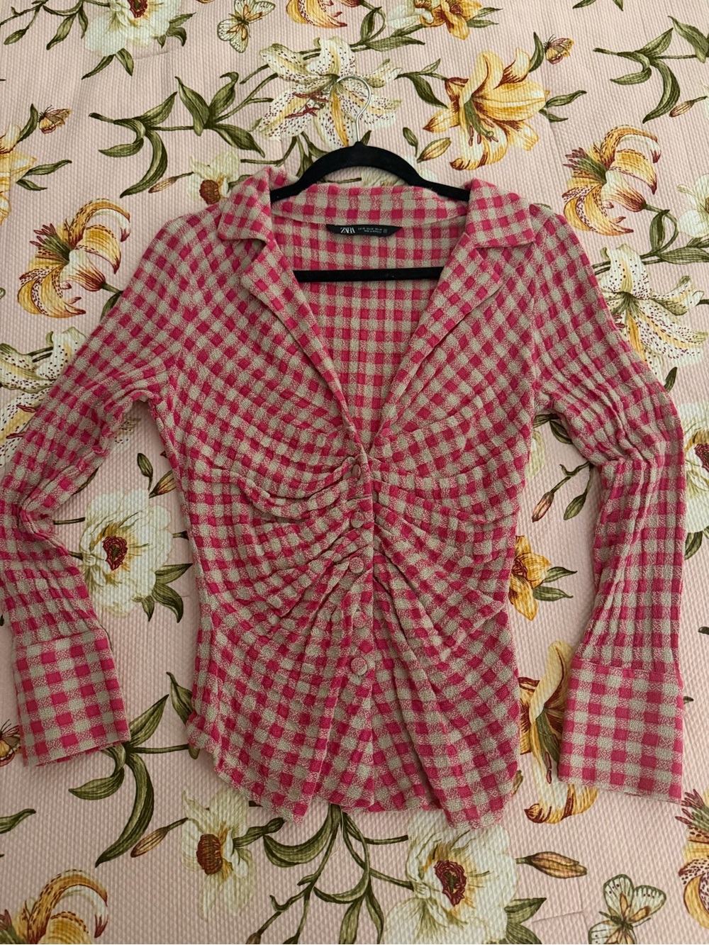 Zara Pink and Cream Gingham Ruched Button-Down Top
